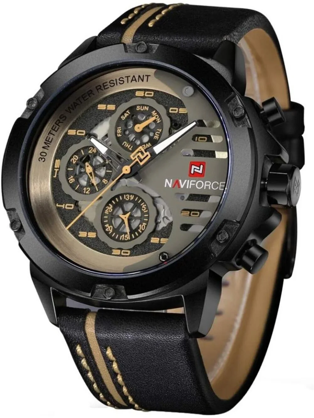 Men's Black Yellow Analog Quartz Leather Band Waterproof Military Wrist Watch
